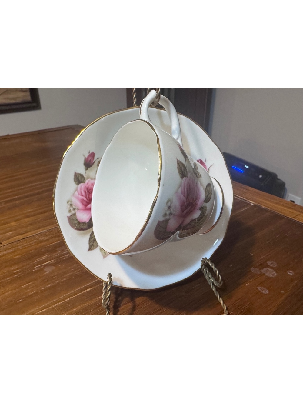 Vintage Duchess Bone China Teacup & Saucer Pink Rose Floral England #368 w Stand
